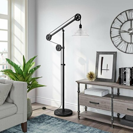 HENN & HART Descartes Blackened Bronze Floor Lamp with Ribbed Glass Shade & Pulley System FL0157